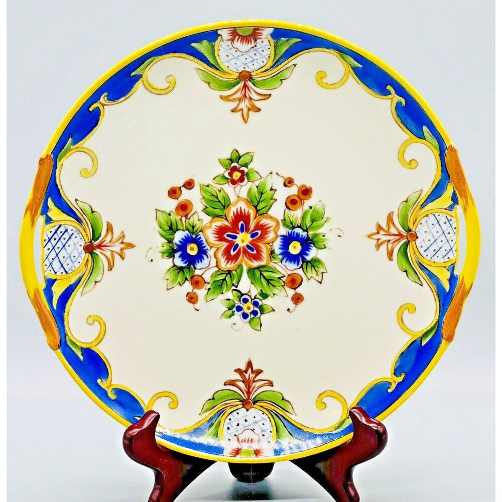 Noritake Pineapple Motif Border Floral Center Handled Cake Dinner Plate 9.5 inch